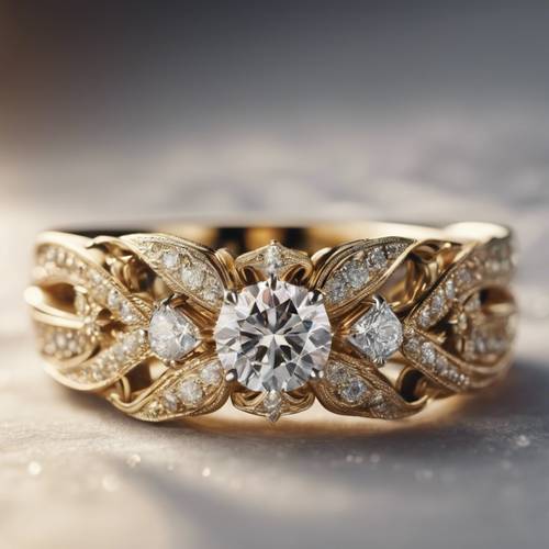 A close up of a sparkling gold diamond ring with intricate details