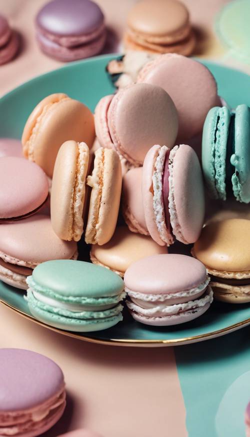 A lovely spread of pastel-colored macarons arranged beautifully in a porcelain plate.