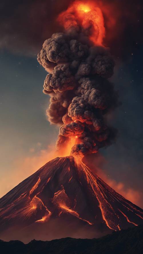 An image of an erupting volcano at night time, casting a fiery glow against the dark sky.