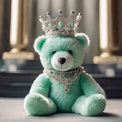 A soft, mint green teddy bear with a silver crown, sitting like a royal on a golden throne.