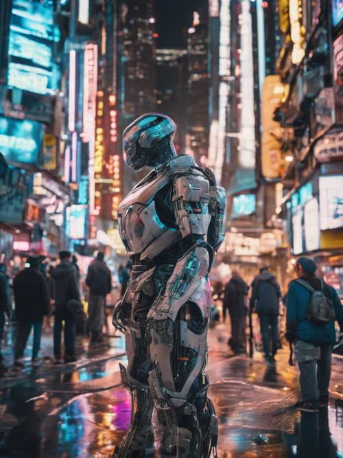 Cybernetic androids in a bustling Y2K inspired cityscape.