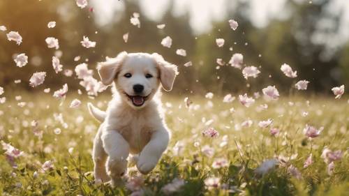 Un cachorro juguetón retozando en un prado soleado con la frase &#39;Abrazo la alegría&#39; visible en los pétalos de las flores.