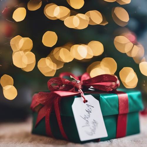 Крупный план красиво упакованного рождественского подарка с рукописной биркой, расположенного под праздничной елкой.