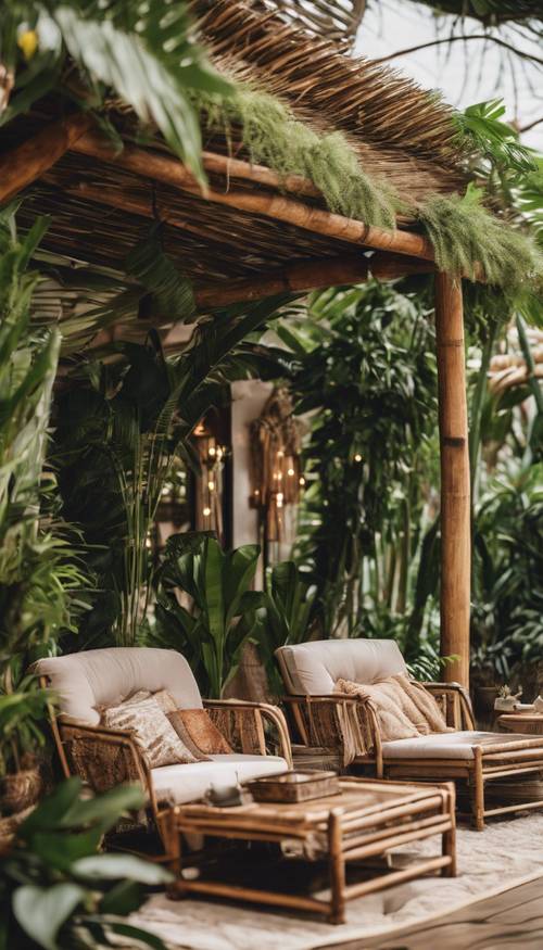 Area lounge outdoor bertema boho tropis, lengkap dengan furnitur bambu dan tanaman hijau subur.