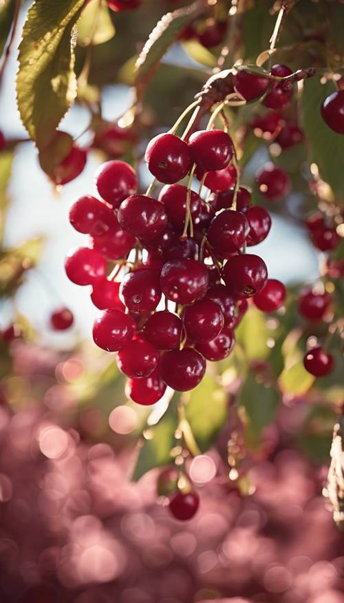 Un patrón de cerezas de color rosa oscuro recién recogidas que brillan bajo el sol de verano.