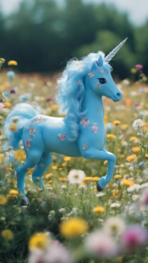 A kawaii scene of a light blue unicorn prancing in a meadow full of flowers.