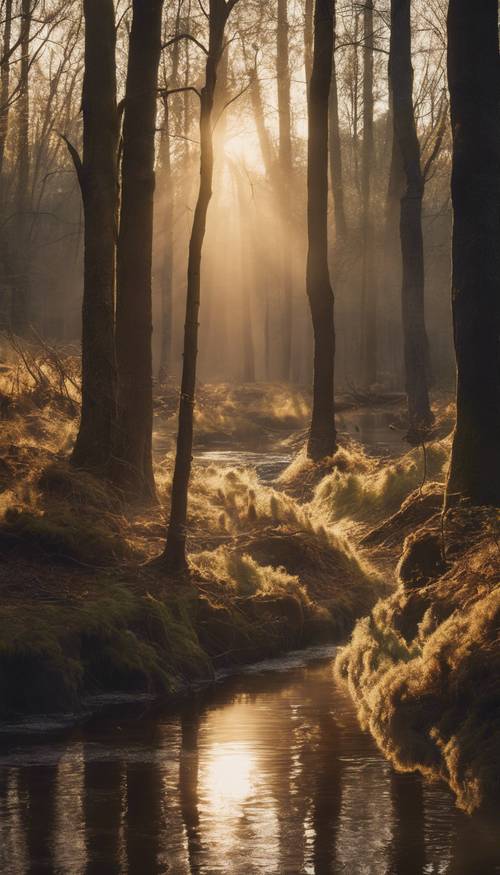 Uma floresta serena beijada pelo sol da manhã. As árvores são altas e sua casca é uma mistura contrastante de marrons. Um riacho suave serpenteia, refletindo a luz da manhã.