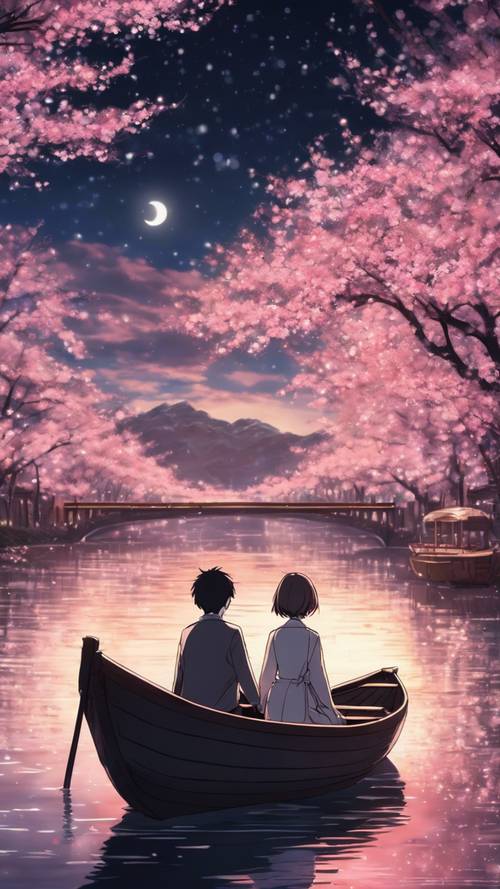 Um casal de anime em um barco a remo em um rio ladeado de flores de cerejeira sob a noite estrelada.