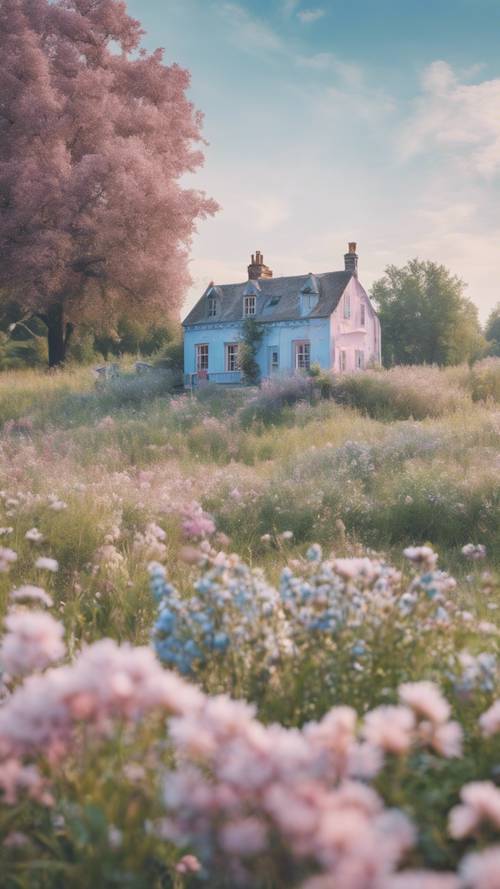 Kır çiçekleri tarlasının ortasında, pastel maviler ve pembelerle dekore edilmiş büyüleyici bir kır evi.