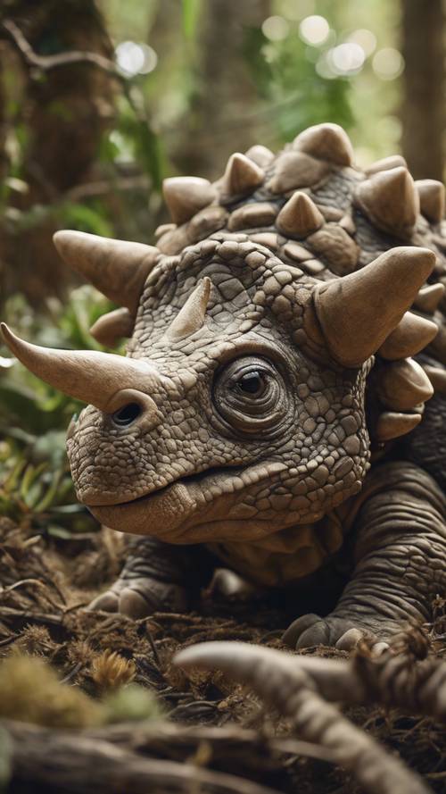 Um ninho cheio de bebês Triceratops dormindo pacificamente sob o olhar atento de sua mãe.