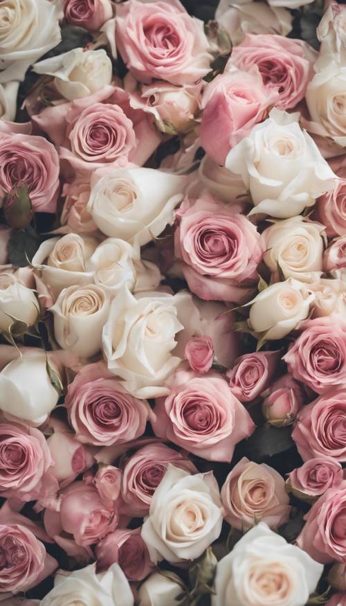 Винтажные обои с цветочным узором из розовых и белых роз, растекающихся по поверхности.