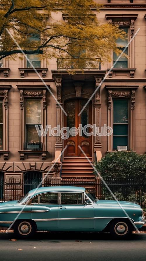 Classic Brownstone Building and Vintage Car