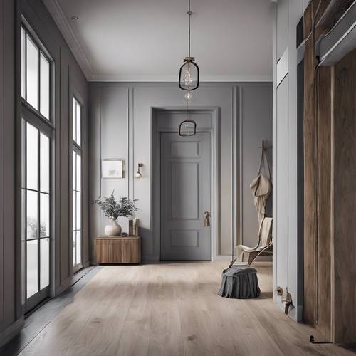 Pintu masuk minimalis dalam nuansa abu-abu dan detail kayu dengan lampu gantung elegan di atasnya.