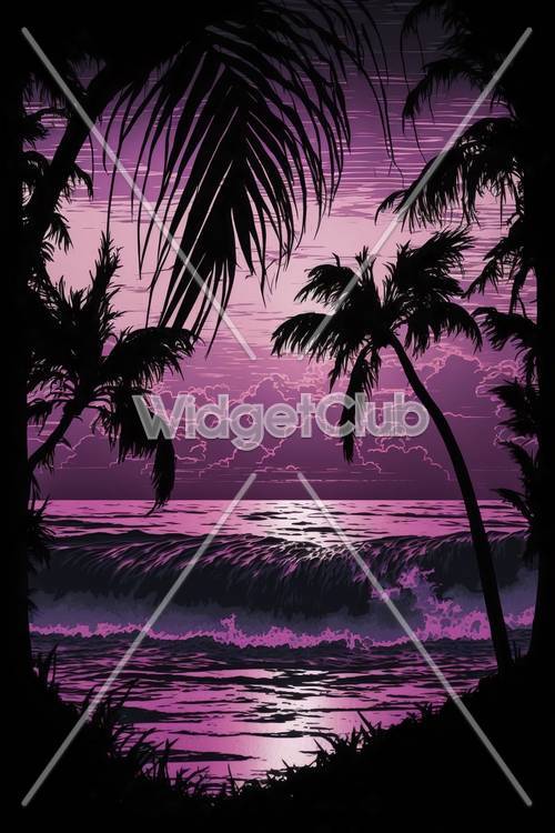 Fioletowy tropikalny zachód słońca z palmami