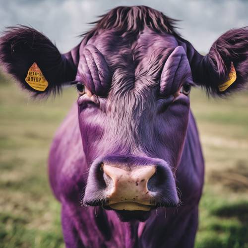 这是一头威风凛凛的紫色安格斯奶牛的特写照片，它正在咀嚼，露出坚固的牙齿。
