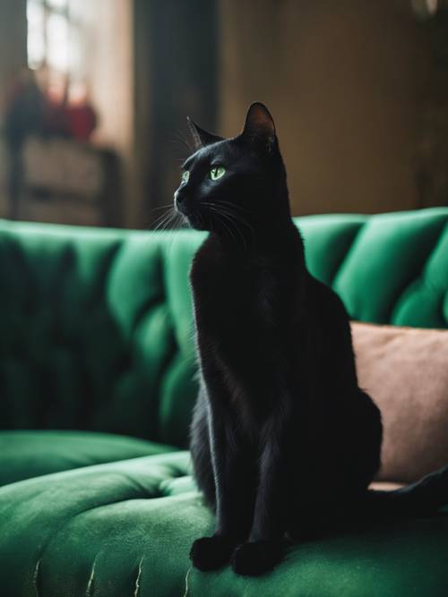 Czarny kot o przenikliwych zielonych oczach siedzi na zielonej aksamitnej kanapie.