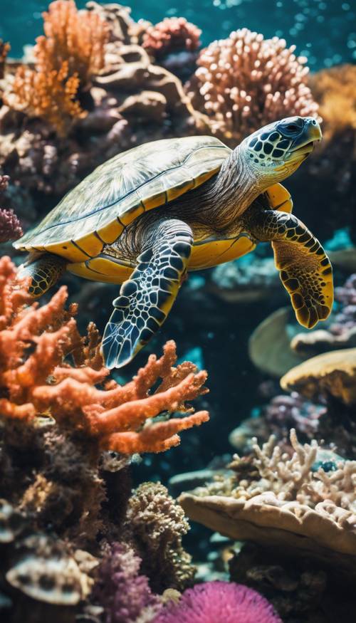 Une myriade de tortues se prélassant parmi des coraux vibrants sous l’eau, sous la douce lumière du jour.