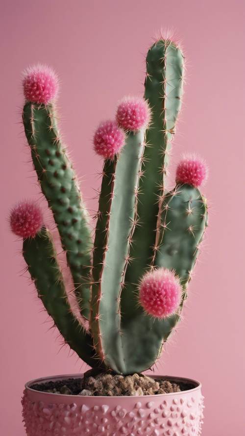 Ein großer, blühender Kaktus in einem rosa Blumentopf mit Kuhfellmuster.