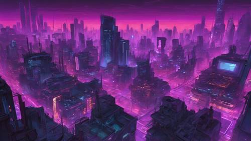 Uma visão aérea de uma extensa cidade cyberpunk com edifícios iluminados em roxo se estendendo no horizonte.
