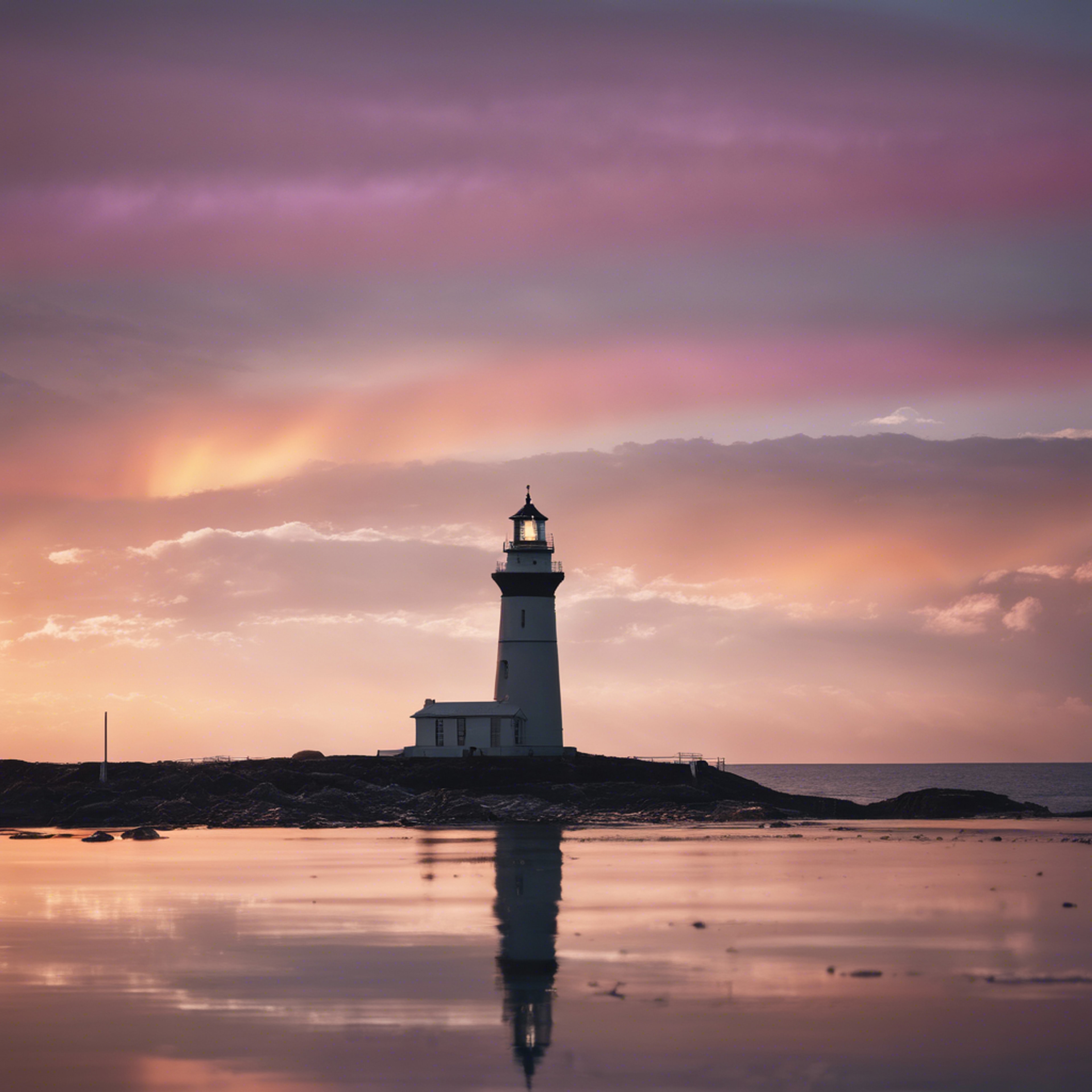 A lighthouse silhouetted against the setting sun and delicate pastel rainbow. Wallpaper[2566b2b7328142f493b8]