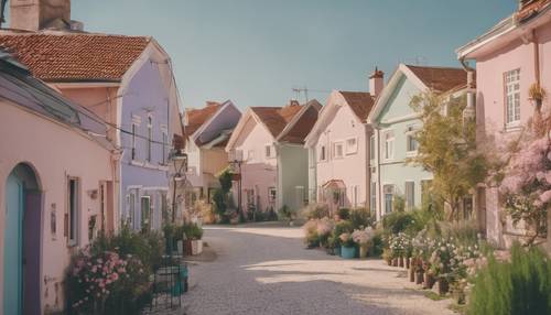 Eine kleine friedliche Stadt im Morgengrauen mit pastellfarbenen Häusern und ruhigen Gärten.