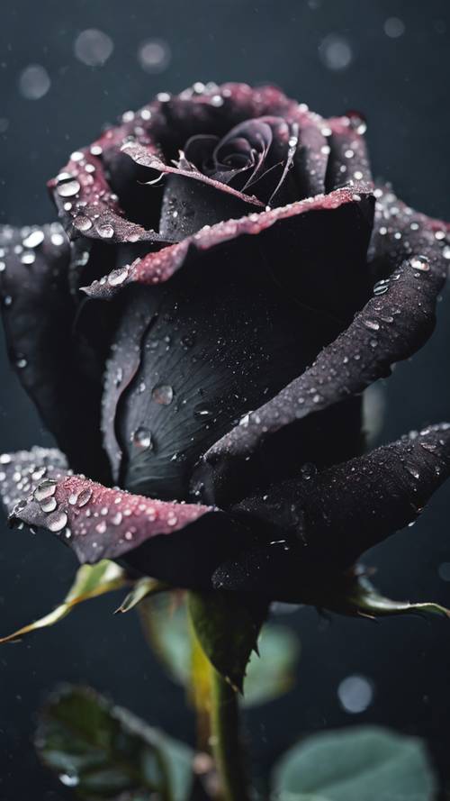 Um close de uma rosa negra em plena floração, com gotas de orvalho translúcidas agarradas às suas pétalas aveludadas.