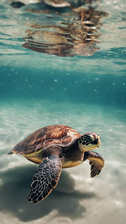 Żółw morski w połowie podróży: z lądu, znikający w połyskującym oceanie.