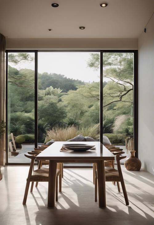 Ruang makan modern dengan jendela besar dari lantai hingga langit-langit yang menghadap taman Zen yang tenang.