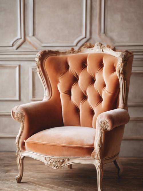 Un sillón antiguo tapizado en terciopelo naranja pastel.