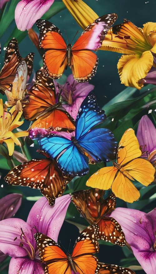 A swarm of colourful butterflies attracted to the sweet scent of a cluster of tropical lilies.