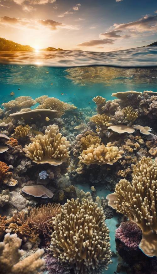 일출 동안 그레이트 배리어 리프(Great Barrier Reef)의 탁 트인 전망, 황금빛 광선이 진정한 아름다움을 드러냅니다.