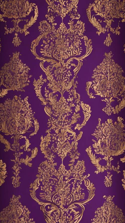 Luksusowa fioletowa tkanina adamaszkowa z ozdobnymi złotymi wzorami.