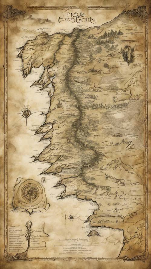 Eine Karte von Mittelerde aus den Romanen von J.R.R. Tolkien, gefüllt mit elbischen Schriften und Zeichnungen.