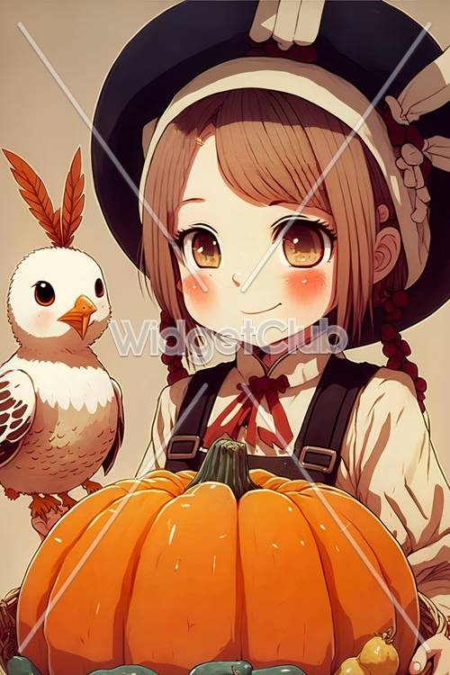 Cute Anime Girl and Bird with Pumpkin