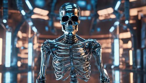 Um esqueleto feito de cromo em um cenário futurista com telas digitais e hologramas ao redor.