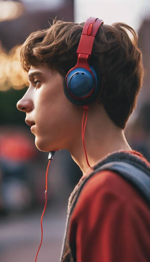Vista de perfil de um adolescente no Y2K ouvindo um Walkman vermelho.