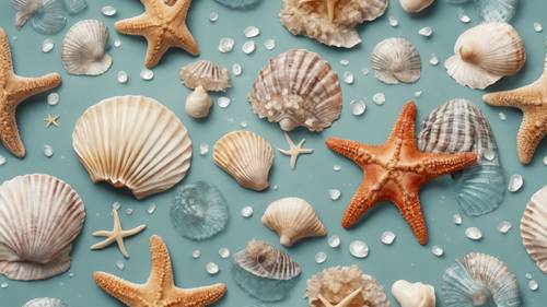 Um padrão calmo e repetido à beira-mar com conchas, estrelas do mar e cavalos-marinhos.