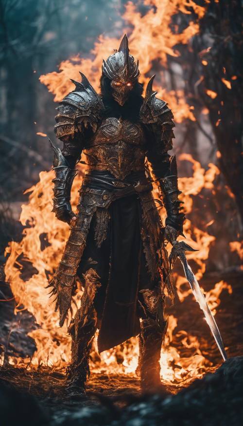 这款黑暗幻想游戏中的神秘战士身穿闪亮盔甲，手持燃烧的剑，盯着一只恶魔野兽。