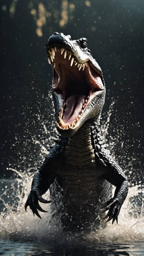 Um crocodilo preto rosnando saltando da água em uma incrível demonstração de poder.