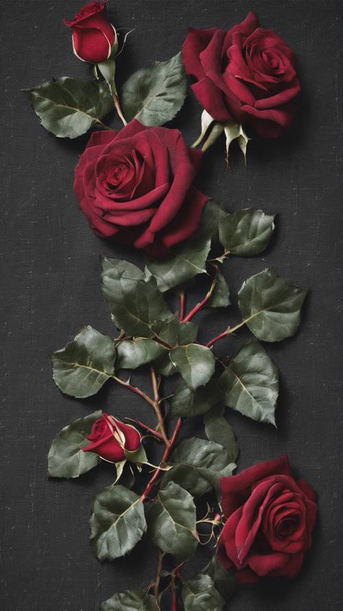 Un tapiz antiguo de hiedra oscura y rosas rojo rubí entrelazadas sobre un lienzo color carbón.