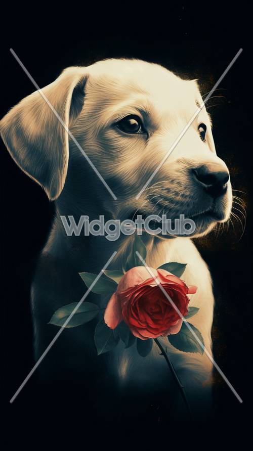 Cute Puppy with a Rose Background