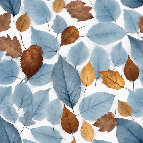 Pattern of fallen baby blue autumn leaves against a foggy white background. Tapéta [5b183d211677459bb5e0]