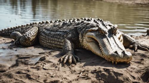 Krokodyl leniwie wylegujący się na brzegu błotnistej Missisipi.