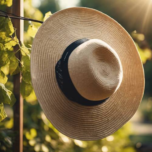 A beautiful summer hat hanging on a wooden peg against a backdrop of sunlit garden.