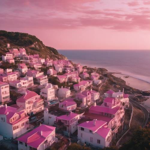 A bird's eye view of a coastal town with pink rooftops at twilight. Tapeta [1efe3a26ef2b40f5ab95]