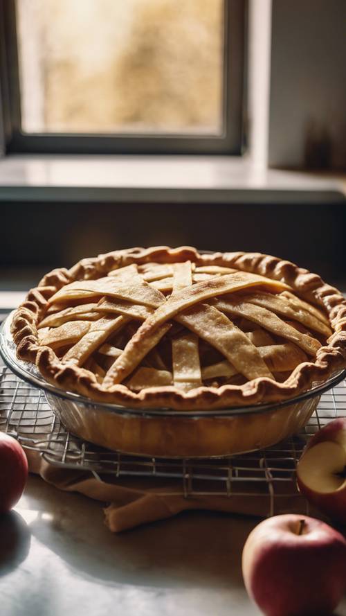 A freshly baked apple pie cooling on the kitchen counter