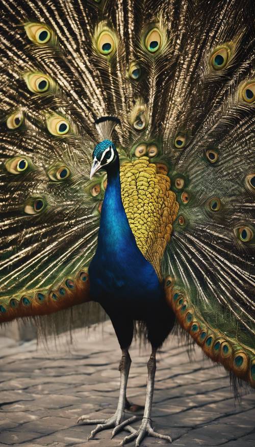 An elegant black and gold peacock spreading its feathers.