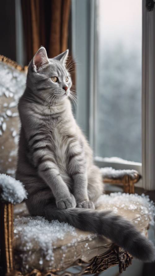 A silver tabby British Shorthair kitten lounging on a vintage armchair, dreamily looking outside a frost-covered window on a winter's eve.