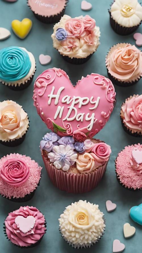 Un assortimento di cupcake colorati disposti a forma di cuore, con la frase &quot;Auguri per la festa della mamma&quot; scritta con la glassa.