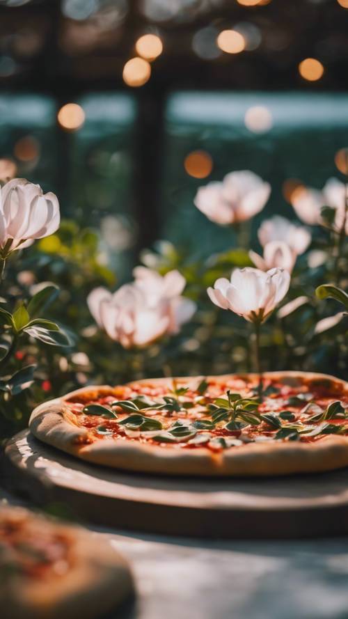 A pizza plant growing in a magical greenhouse with pizzas as blossoms.